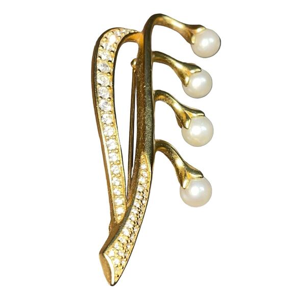 Swarovski Crystal Faux Pearl Brooch Pin Gold Tone Lily of the Valley Signed Swan - Picture 4 of 13